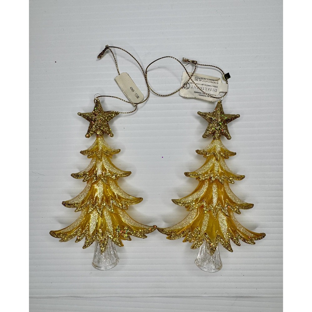 Department 56 Gold Yellow Glitter Tree Hanging Ornaments Set of 2 Christmas NWT
